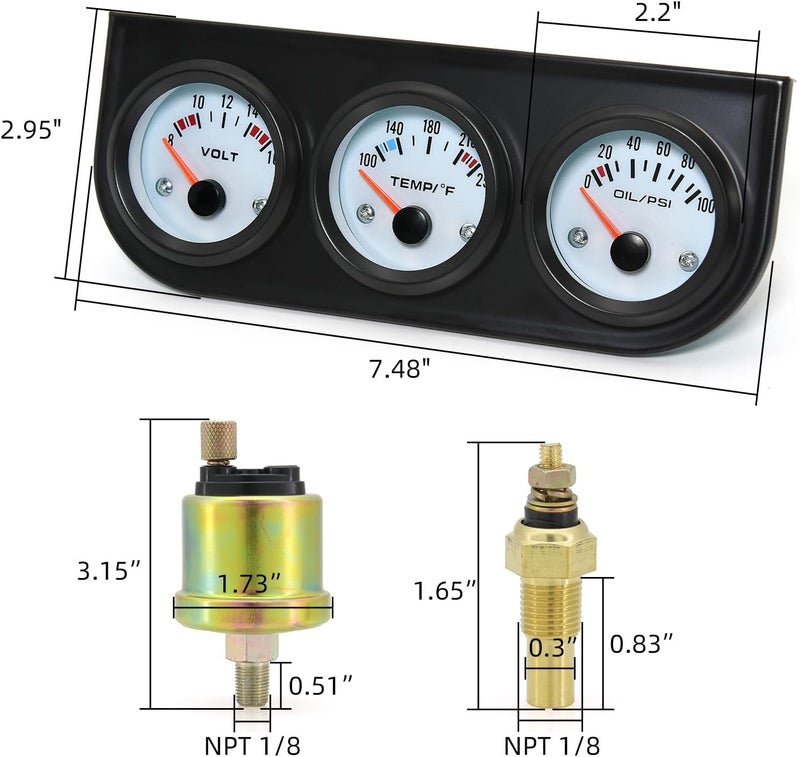 ARTILAURA 52mm Triple Gauge Set (Oil Pressure+Water Temp+Voltmeter) 3 in1 White Triple Meter Kit Dashboard with Black Console for 12V AUTO Car - Image 2
